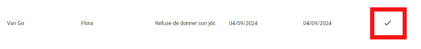 La ligne affiche les colonnes suivantes :  Prénom : Van Go  Nom : Flora  Motif : Refuse de donner son jdc  Date de création : 04/09/2024  Date de la retenue : 04/09/2024  Prestée : case vide remplacée par une coche  Encadré rouge : autour de la coche (✓) indiquant que la retenue a été prestée.