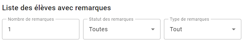 L’interface affiche le titre Liste des élèves avec remarques, suivi de trois champs alignés :  Nombre de remarques : champ de saisie contenant la valeur 1  Statut des remarques : menu déroulant avec la valeur Toutes  Type de remarques : menu déroulant avec la valeur Tout