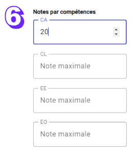 Formulaire d'encodage d'une évaluation sur la plateforme Cabanga. L'interface est numérotée de 1 à 6 pour guider l'utilisateur dans les champs obligatoires et facultatifs à compléter :  Date de l’évaluation : champ calendrier pour sélectionner la date.  Code de l’évaluation : champ texte pour entrer un identifiant unique.  Description de l’évaluation : champ texte descriptif requis.  Évaluation formative : case à cocher optionnelle.  Visible aux parents/élèves : case cochée, indiquant que les résultats seront partagés.  Notes par compétences : champs à remplir pour attribuer une note à chaque compétence (ex. : CA, CL, EE, EO), avec "20" inscrit dans le champ CA.  L’ensemble reflète une interface structurée pour une saisie complète et précise des évaluations scolaires.