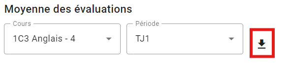 Capture d’écran de la fonctionnalité "Exporter son carnet de cotes en CSV" sur la plateforme Cabanga. Deux menus déroulants permettent de sélectionner un cours (ici : 1C3 Anglais - 4) et une période (ici : TJ1). À droite, un icône de téléchargement (flèche pointant vers le bas, encadrée en rouge) permet de générer et exporter le fichier CSV correspondant aux moyennes d’évaluations sélectionnées. L’interface met l’accent sur la simplicité et l’efficacité de l’exportation des données pédagogiques.