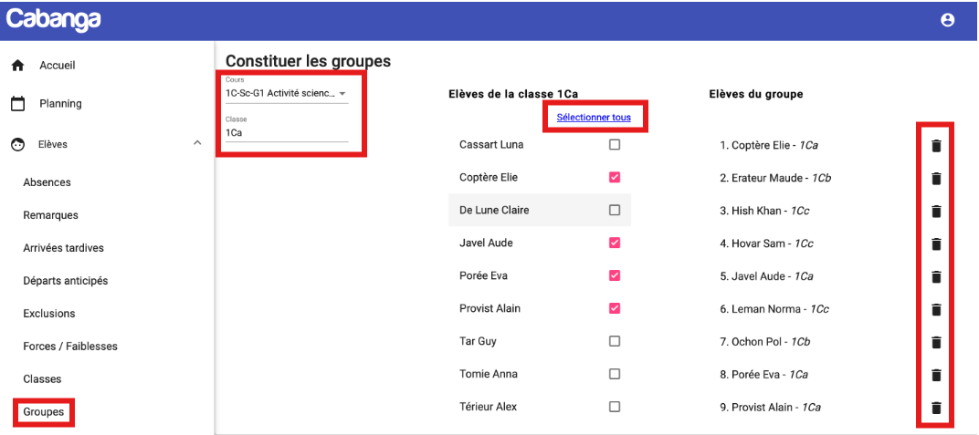 l’interface Cabanga destinée à constituer des groupes, on repère quatre encadrés rouges : Encadré rouge autour de l’élément de menu « Groupes » dans la barre de navigation latérale gauche. Encadré rouge englobant la section « Cours » et « Classe », avec dans le champ Cours le texte « 1C-Sc-G1 Activité scienc… » et dans le champ Classe le texte « 1Ca ». Encadré rouge autour du lien « Sélectionner tous » situé au-dessus de la liste des élèves de la classe 1Ca. Encadré rouge vertical englobant la colonne d’icônes de corbeilles, placée à l’extrême droite de l’écran.
